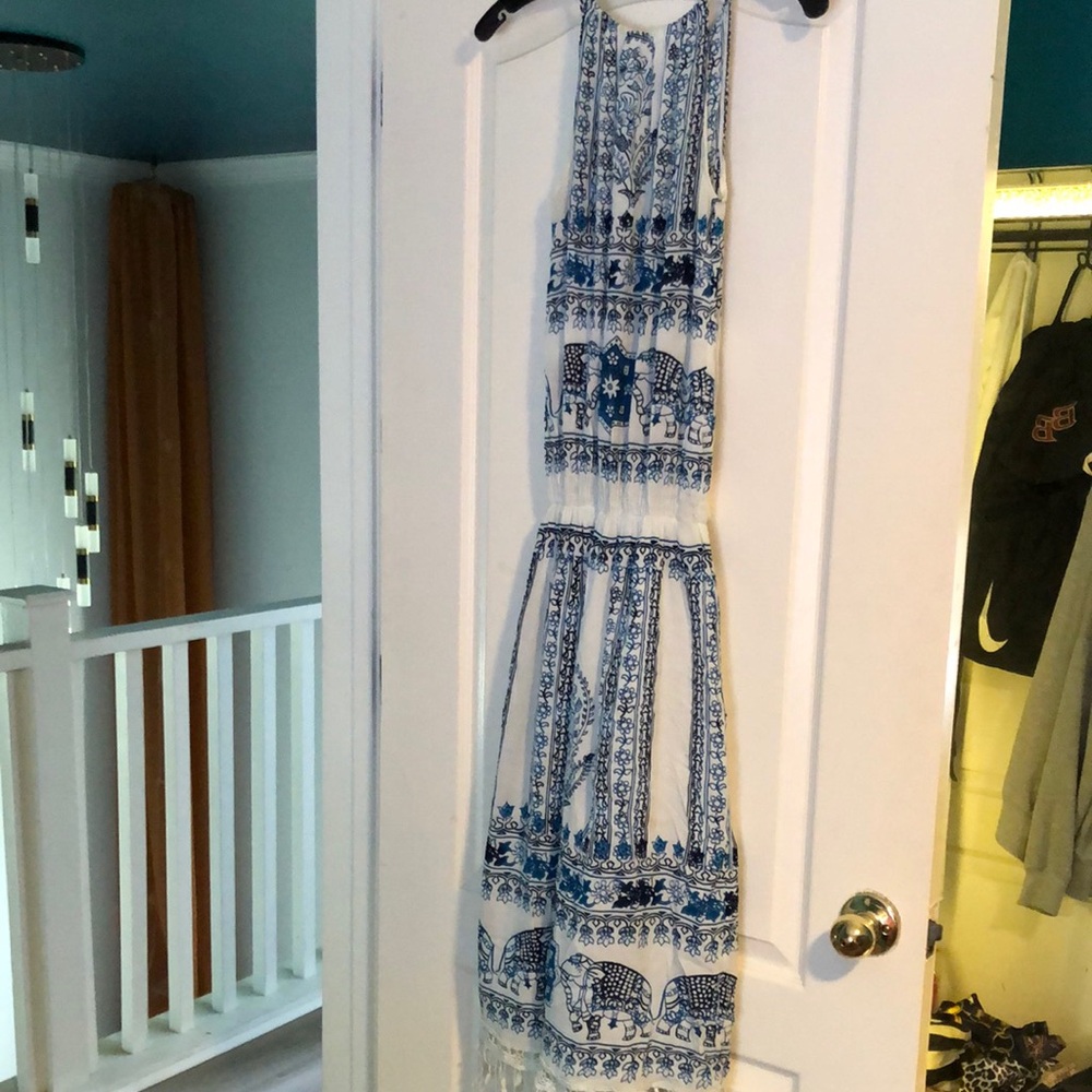 Blue and White Sleeveless Maxi Dress